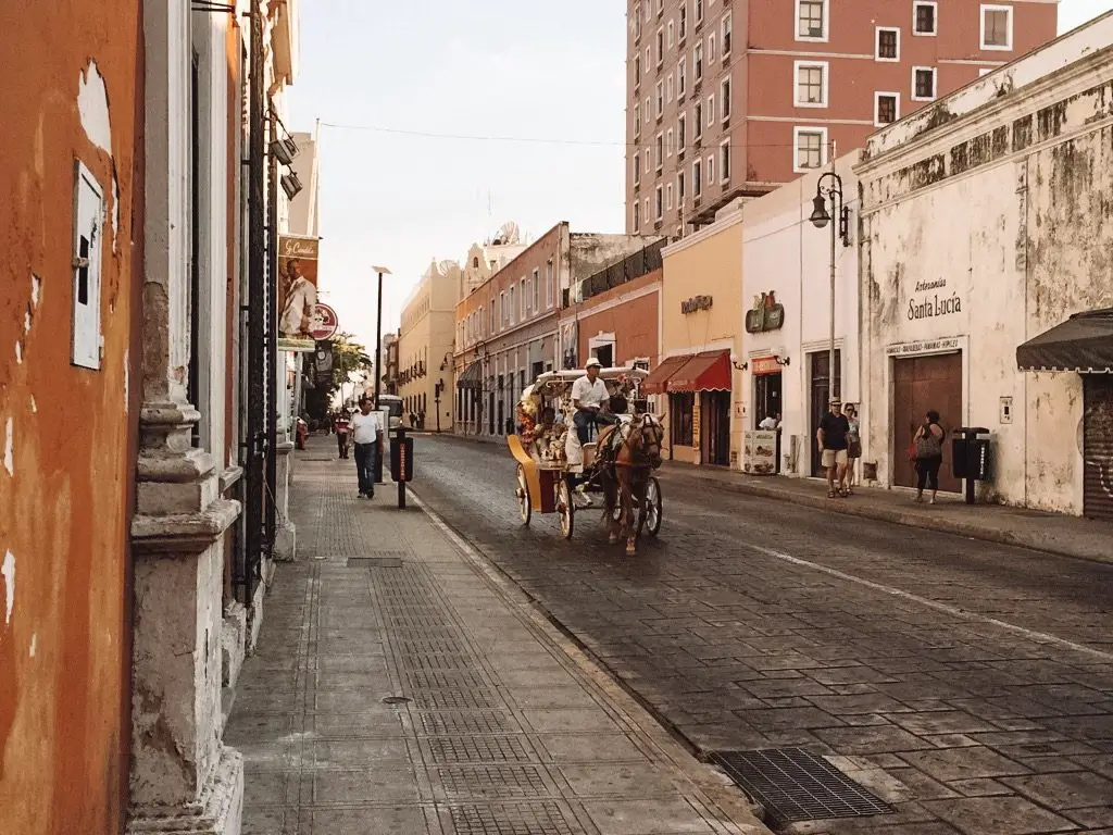 street in Merida Mexico with horse drawn carriage