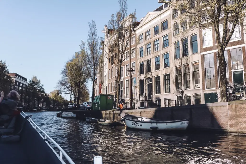 View of canal from boat in Amsterdam