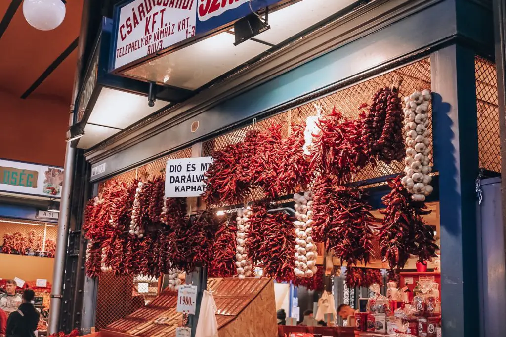 Stall with dried chilies in Grand Market in Budapest