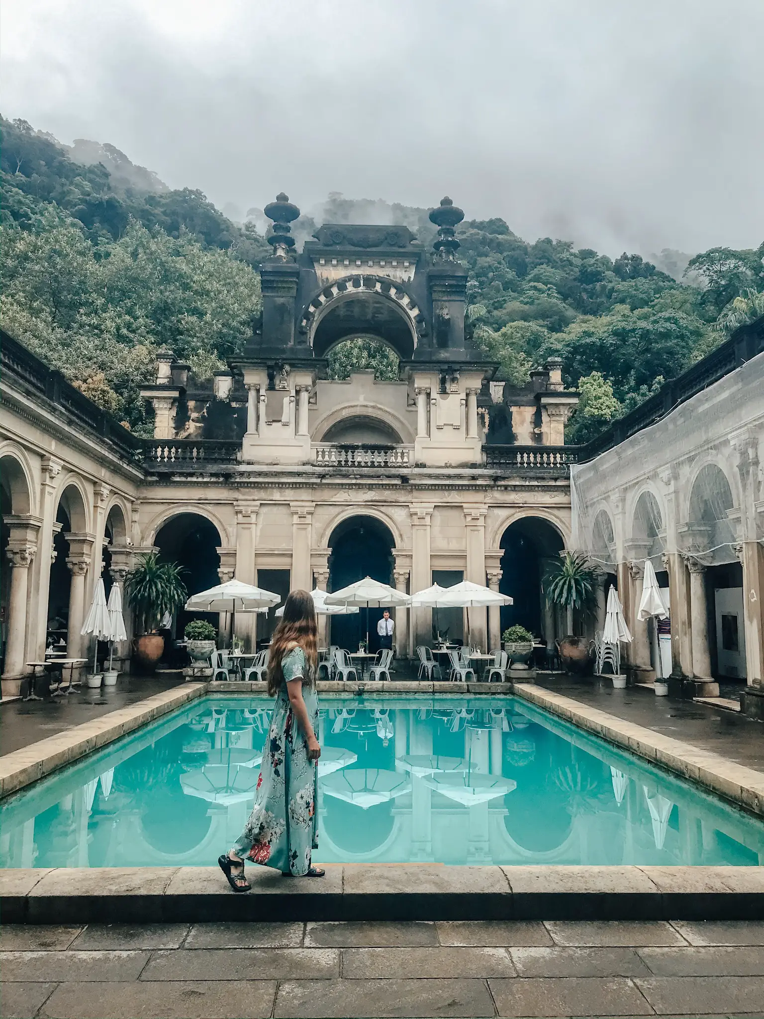 girl in front of pool in Rio de Janeiro Brazil Parque Lage