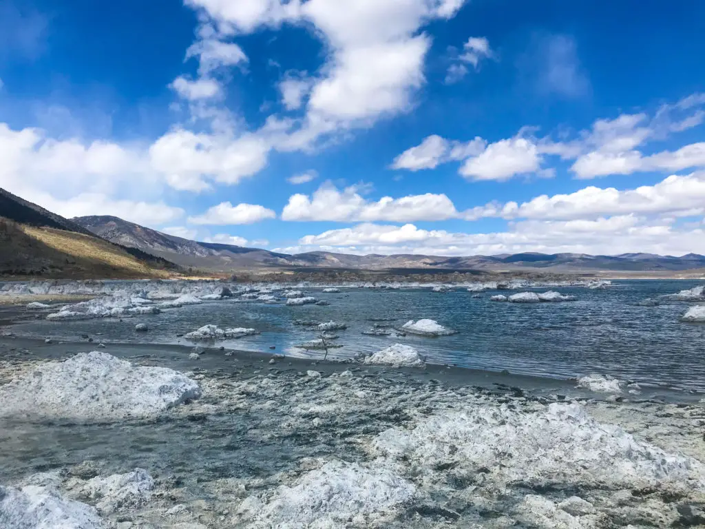 saline lake with salt deposits