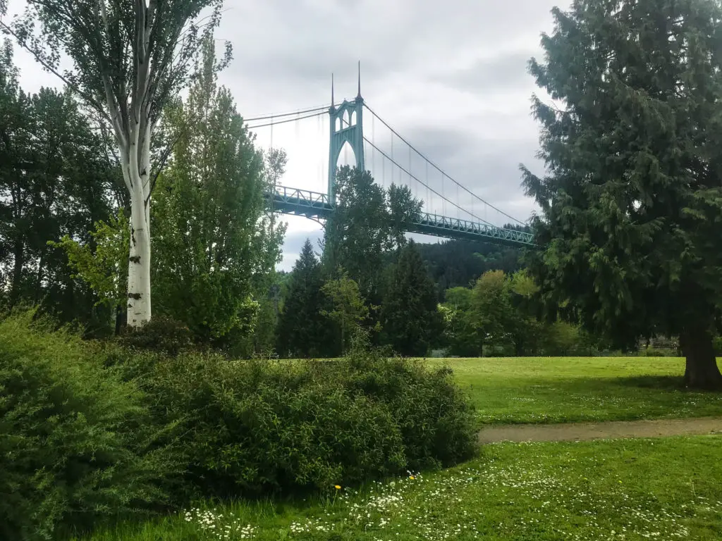 bridge in background of lush green park